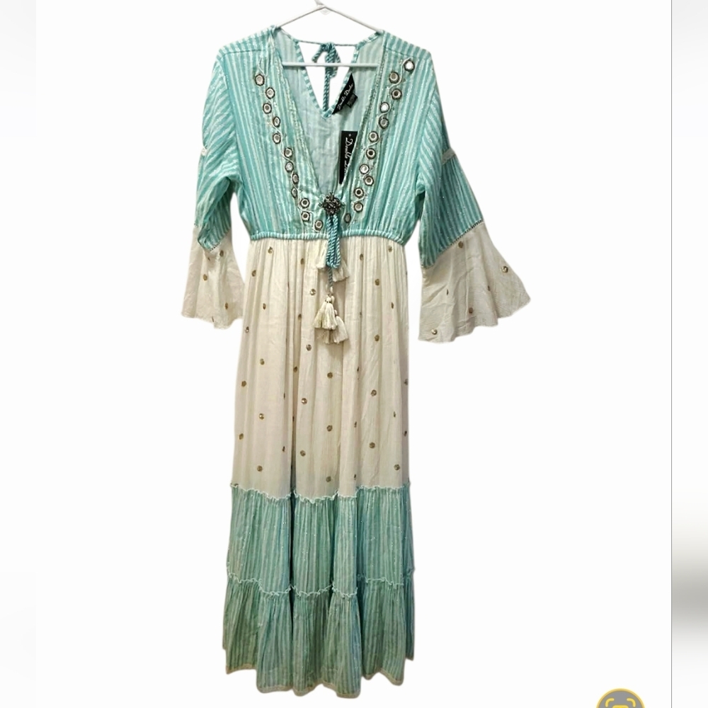Maxi BOHO Embellished Ruffled Dress NWT